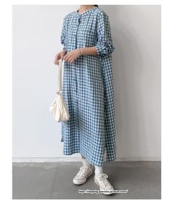 マキシ | 長袖ワンピース チェック柄ワンピース ロングワンピース レディース 秋物 ワンピース 楽チン 綿ワンピース 綿シャツワンピ スタンドカラー ゆったり 大きめ