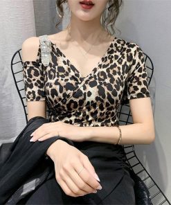 Tシャツ・カットソー | Tシャツ 肩だし クロスVネック コットン トップス 半袖 ヒョウ柄 無地 レディース スタイリッシュ 個性的 エレガント セクシー 着痩せ 気質 フェミニン