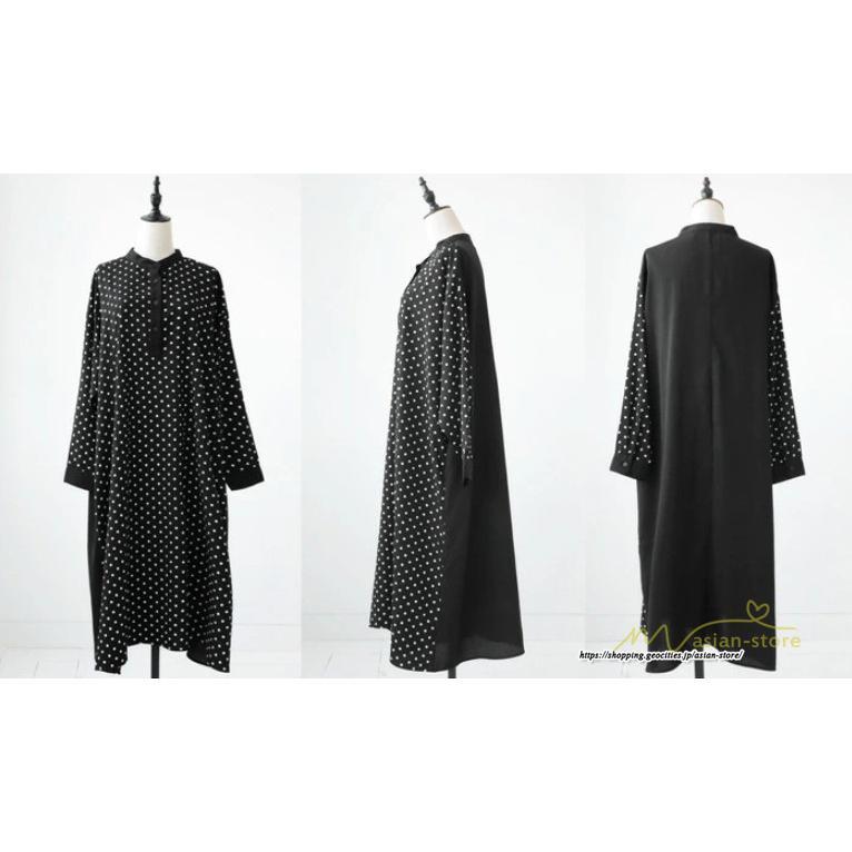 マキシ | ドットワンピース ドッキングワンピース 切替 秋 レディース ロングワンピース 長袖 Aラインワンピース 大人 可愛い ゆったり 30代ワンピース スタンドカラー