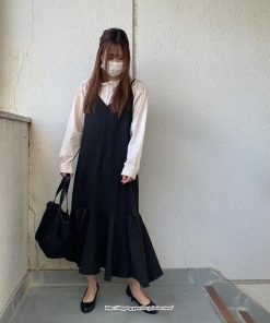 マキシ | ワンピース キャミワンピース レディース 秋 冬 Vネック  マーメイド マキシワンピ ロング デイリー おしゃれ 肩紐調節可 フリル 可愛い