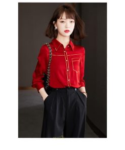 シャツ・ブラウス | ブラウス レディース シャツ トップス 赤 長袖シャツ 無地 オフィス カジュアル おしゃれ シフォン 通勤 通学 ナチュラル 可愛い 上品 オシャレ 秋服 キレイめ