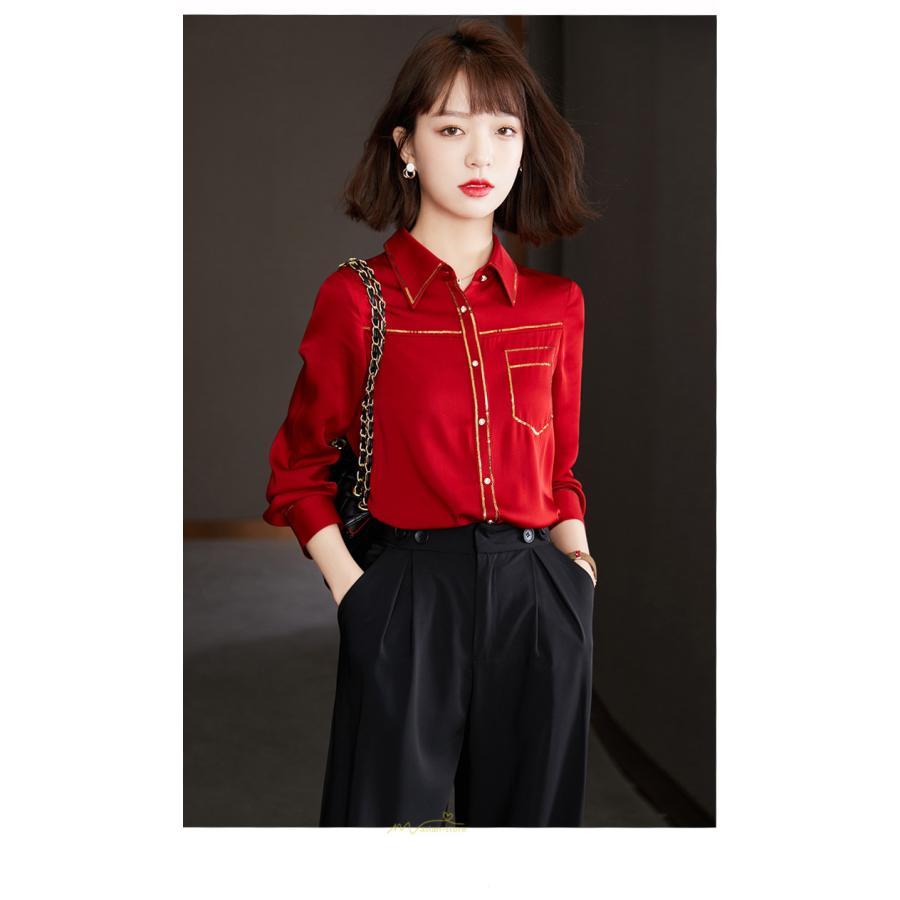 シャツ・ブラウス | ブラウス レディース シャツ トップス 赤 長袖シャツ 無地 オフィス カジュアル おしゃれ シフォン 通勤 通学 ナチュラル 可愛い 上品 オシャレ 秋服 キレイめ