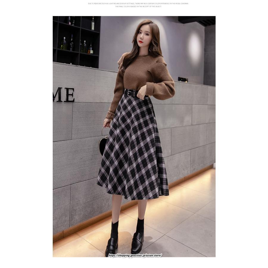 スカート | ロングミモレ レディース フレア Aライン ハイウエスト おしゃれ ゆったり ひざ下 体型カバー チェック柄 ラシャ ベルト付き 30代 20代 40代