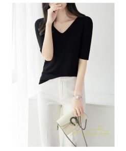 ｔシャツ・カットソー | サマーニット レディース Vネック トップス ニット 半袖 春服 春物 ニットチュニック 無地 きれいめ 春夏 黒 リブ 夏ニット 白 5分袖 涼し気