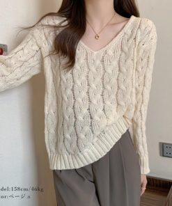 ニット・セーター | ケーブル編みニットトップス Vネック春秋