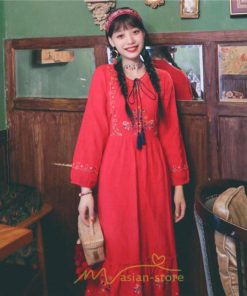 マキシ | ロングワンピース 長袖 花柄 フレア エスニック風 民族風 レトロ調 刺繍 綿麻 リゾート 旅行 レジャー お出かけ 外出 華奢魅せ 着痩せ 女子会 Vネック 同窓会