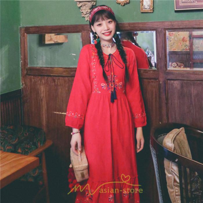 マキシ | ロングワンピース 長袖 花柄 フレア エスニック風 民族風 レトロ調 刺繍 綿麻 リゾート 旅行 レジャー お出かけ 外出 華奢魅せ 着痩せ 女子会 Vネック 同窓会