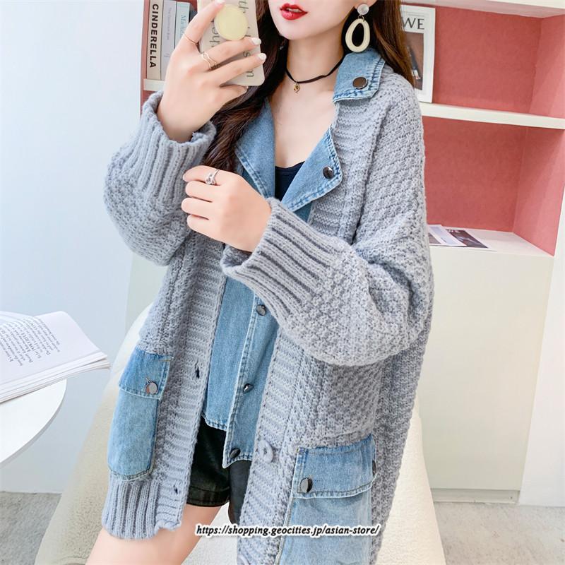 コート・ジャケット | ジャケット レディース 長袖 トップス ニット ニットカーディガン 切り替え デニム アウター 配色 デザイン おしゃれ 冬 カジュアル 2022 秋 カーディガン