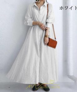 マキシ | Tシャツワンピース ワンピース 長袖 レディース 春 大きいサイズ きれいめ シャツワンピース ロング丈 マキシ丈 おしゃれ 可愛い ボーダー柄 綿麻 通勤 大人