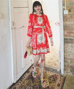 ミニ丈 | ワンピース 長袖 膝上 ひざ上 夏 秋 きれいめ レディース 大人 カジュアル かわいい 上品 リゾート お出かけ ワンピ 小柄 赤 黒 花柄 低身長 二色展開