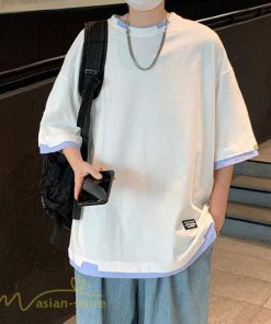 Tシャツ | メンズ 夏物 半袖 五分袖 フェイク レイヤード 重ね着風 無地 おしゃれ プルオーバー オーバーサイズ カジュアル 30代 20代 40代 ゆったり 男性着