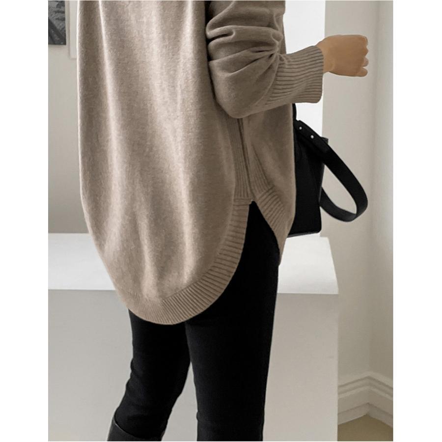 ニット・セーター | ニット レディース 秋冬 厚手 トップス セーター 秋服コーデ 長袖 ブランド裾 不規則 スリット ゆったり ニットセーター 大人 上品 ハイネック 無地 30代