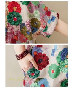 ミディアム | ミディアムワンピース レディース 膝丈 ゆるワンピース 花柄 きれいめ フリーサイズ ゆったり 半袖 麻 綿 リネン 女性着 きれいめ コットン クルーネック 着回し