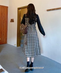 マキシ | ワンピース レディース 大きいサイズ チェック柄 リボン フレア 切り替え 重ね着風 レイヤード風 秋コーデ 秋 可愛い 若見え 冬 オシャレ 着痩せ