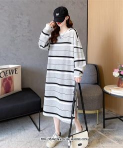 マキシ | ワンピース レディース 秋 秋服 綿コットン ボーダー柄 コットン ワンピース 長袖ボーダー ロングワンピース サイドスリット 20代 40代 30代 50代