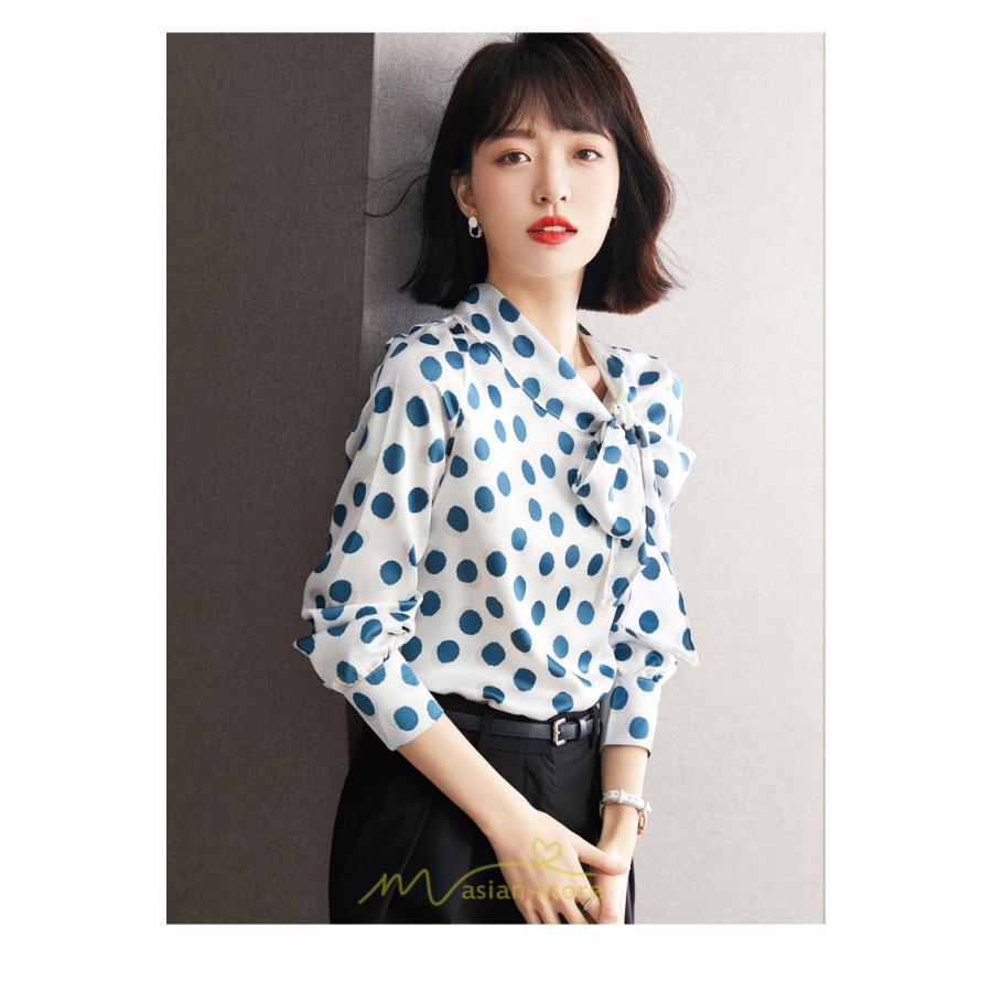 シャツ・ブラウス | ブラウス レディース シャツ トップス リボン 長袖 シフォン オフィス ドット柄 おしゃれ 高級感 ゆったり 日常 体型カバー デート 外出 通勤 着痩せ