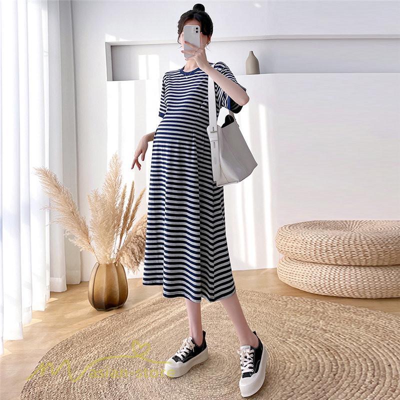 ワンピース | マタニティレディース ストライプ 着痩せ ゆる妊婦服 夏 サマーママ着 大きいサイズ 産前産後 上品 シンプル 大きいサイズ