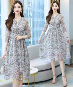 ミディアム | ワンピース 膝丈 花柄 きれいめ 5分袖 カジュアル Aラインスカート 上品 着痩せ ミディアムワンピース お出かけ シフォン 日常感 通気性 大人 エレガント