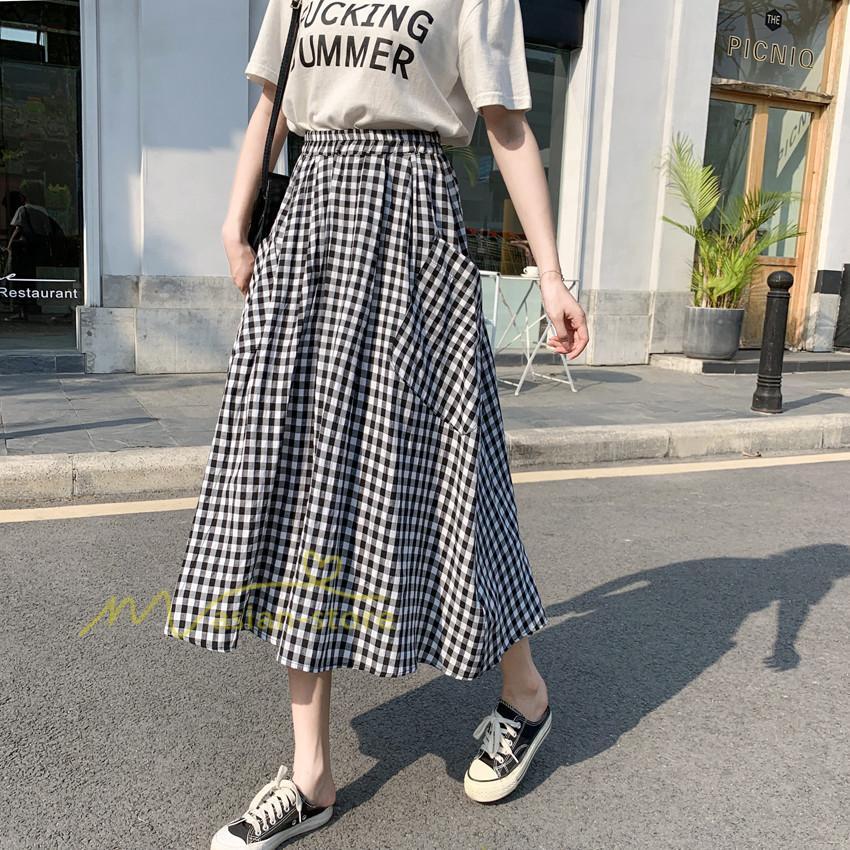 スカート | チェック柄 ロング丈 フレア ボトムス レディース 春 夏 秋 冬 体系カバー Aライン ウエストゴム おしゃれ 通勤 OL カジュアルブ無地 韓国風