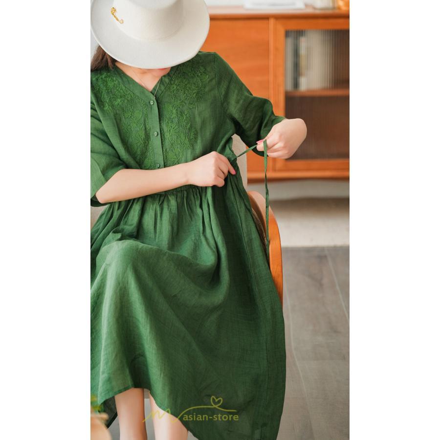 ミディアム | ワンピース レディース 夏新作 半袖 五分袖 ミモレ丈 刺繍 無地 Aラインワンピース ギャザー ゆったり Vネック ウエストリボン付き 調整可 40代 綿麻 30代
