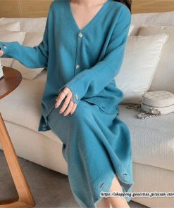 セットアップ | ニットレディース ニットカーディガン ニットスカート ウエストゴム 羽織りニット ダメージ加工 秋冬 長袖 ミモレ丈 無地