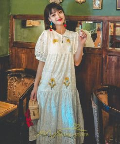 マキシ | ロングワンピース 夏秋 レディース 五分袖 普段着 同窓会 細見せ ハイウエスト コットン レース Aライン 白 紫 刺繍 Vネック キャンプ 旅行 上品 鎖骨 華奢魅せ