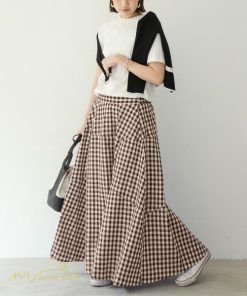 スカート | ロング夏新作 フレア切り替え チェック柄 20代30代 大人 40代50代 可愛い 60代 ゆったり 広い裾 ウエストゴム 6色 春 ダンス舞台 綿 春夏 秋