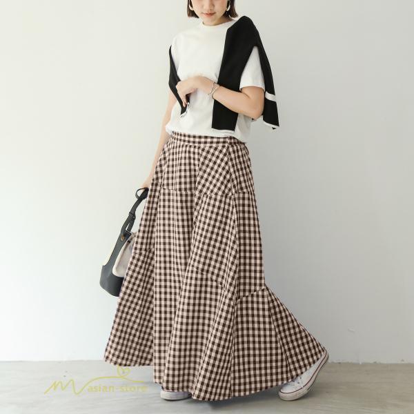 スカート | ロング夏新作 フレア切り替え チェック柄 20代30代 大人 40代50代 可愛い 60代 ゆったり 広い裾 ウエストゴム 6色 春 ダンス舞台 綿 春夏 秋