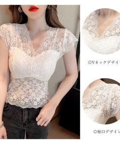 透かし編みトップス | 花柄 総レース トップス Vネック 透け感