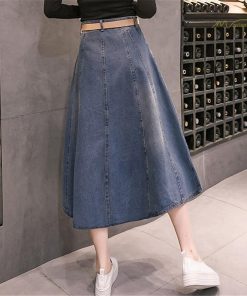 スカート | デニムプリーツフレア ハイウエスト スタイリッシュ ミディアム韓国風 上品 Aライン 大きいサイズ ゆったり 人気 レディース 春秋コーデ