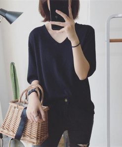 tシャツ・カットソー | Tシャツ カットソー レディース トップス 五分袖 夏服 秋物 リブ 無地 柔らかい Vネック 可愛い ニット インナー 通学通勤 20代30代 スリム 40代50代