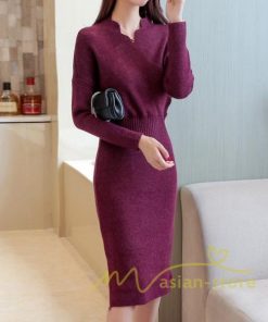 在庫ある | 短納期ニットワンピース 膝丈ワンピース タイトワンピース 長袖 インナー カットソー Vネック エレガント 着痩せ シルエット ビジネスオフィスフォーマル