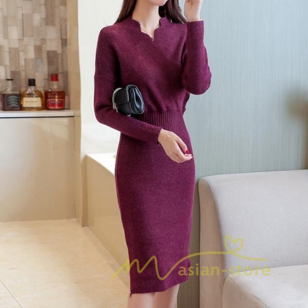 在庫ある | 短納期ニットワンピース 膝丈ワンピース タイトワンピース 長袖 インナー カットソー Vネック エレガント 着痩せ シルエット ビジネスオフィスフォーマル