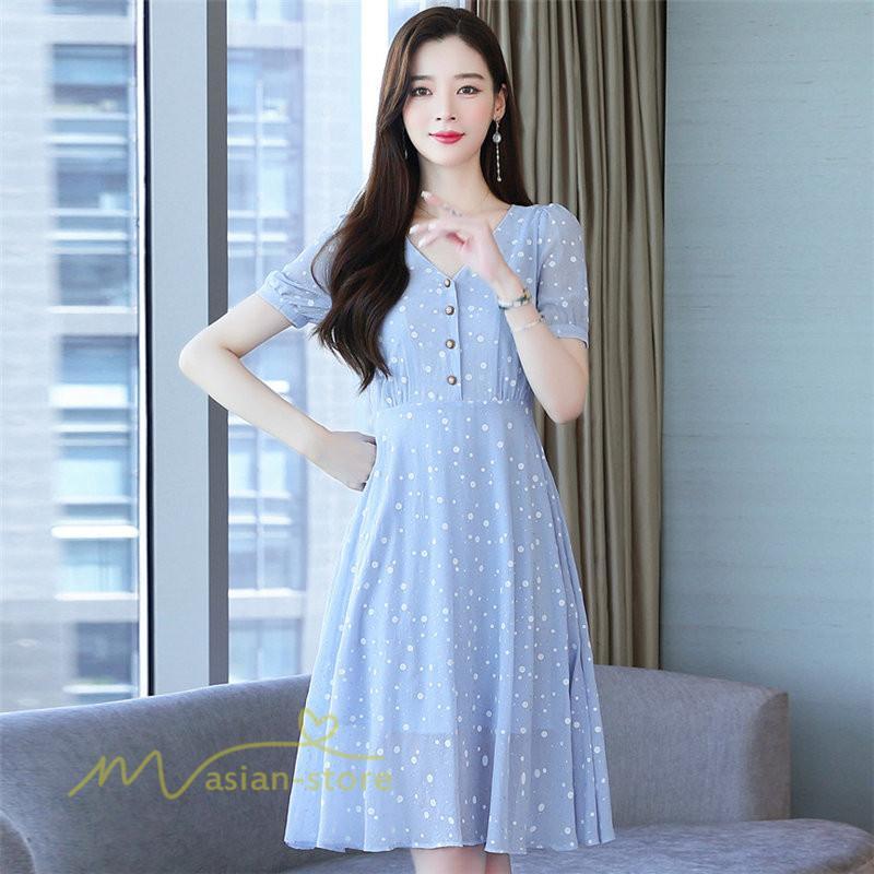 ミディアム | ワンピース レディース 着痩せ 半袖 Vネック カジュアル Aラインワンピース 大きいサイズ 上品 ドット柄 気質 春 新作 サマーワンピース 夏 おしゃれ