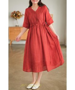 ミディアム | ワンピース レディース 夏新作 半袖 五分袖 ミモレ丈 刺繍 無地 Aラインワンピース ギャザー ゆったり Vネック ウエストリボン付き 調整可 40代 綿麻 30代