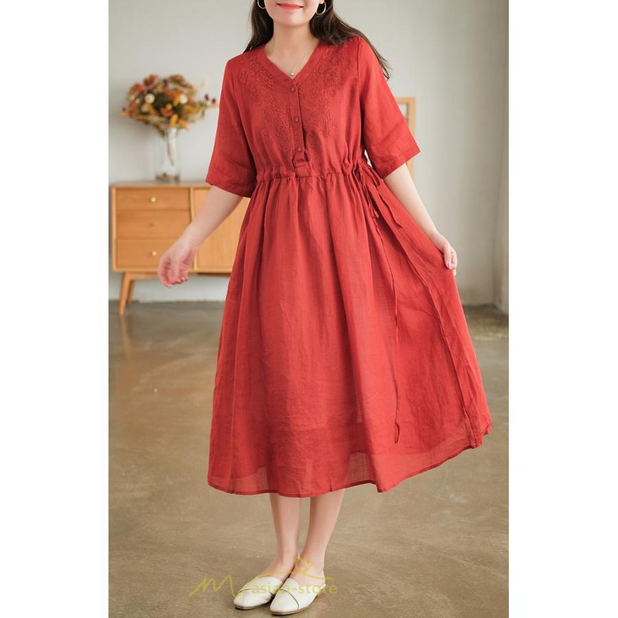 ミディアム | ワンピース レディース 夏新作 半袖 五分袖 ミモレ丈 刺繍 無地 Aラインワンピース ギャザー ゆったり Vネック ウエストリボン付き 調整可 40代 綿麻 30代
