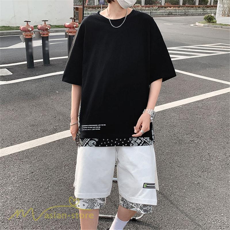 Tシャツ | Tシャツ メンズ 半袖 重ね着風 カジュアル半袖tシャツ 夏新作 メンズスタイル カットソー 上品 切り替え 2XL 大きいサイズ クルーネック 黒 白