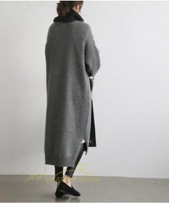 在庫ある | 短納期ロングニットワンピース ロングワンピ カットソー 長袖 トップス Vネック ゆったりセーターニット 体型カバー 通学通勤 OL ストレートニットワンピ