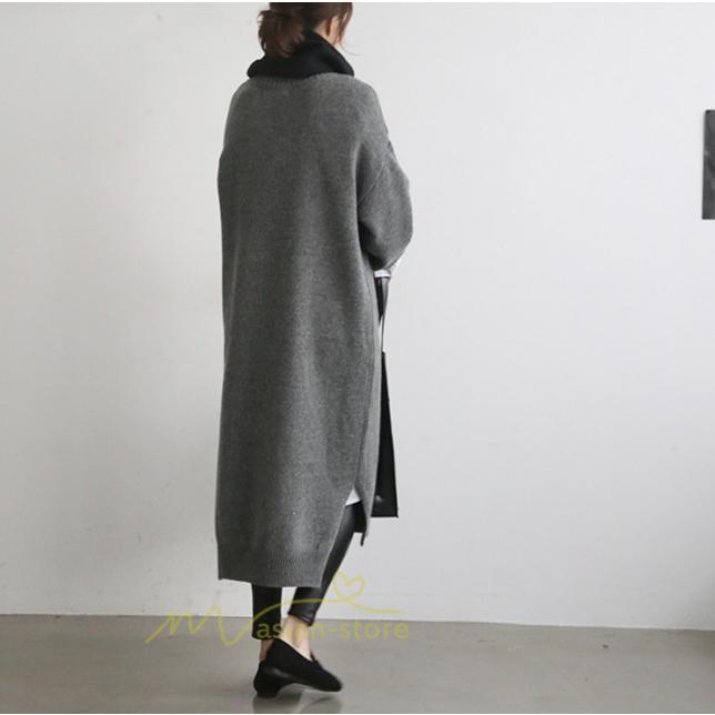 在庫ある | 短納期ロングニットワンピース ロングワンピ カットソー 長袖 トップス Vネック ゆったりセーターニット 体型カバー 通学通勤 OL ストレートニットワンピ