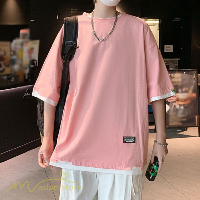 Tシャツ | メンズ 夏物 半袖 五分袖 フェイク レイヤード 重ね着風 無地 おしゃれ プルオーバー オーバーサイズ カジュアル 30代 20代 40代 ゆったり 男性着