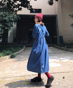 デニムワンピース | ゆるワンピース レディース デニム 長袖 レトロ風 可愛い Aラインワンピース フリーサイズ 丸首 体型カバー おしゃれ 秋 コーデ ゆったり