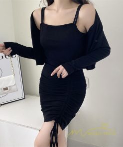 ミニ丈 | タイトワンピース カーディガン セットアップ ミニワンピース 伸縮性 無地 2点セット セクシー 大人 キャミソールワンピース 夏 キャザー レディース 秋物