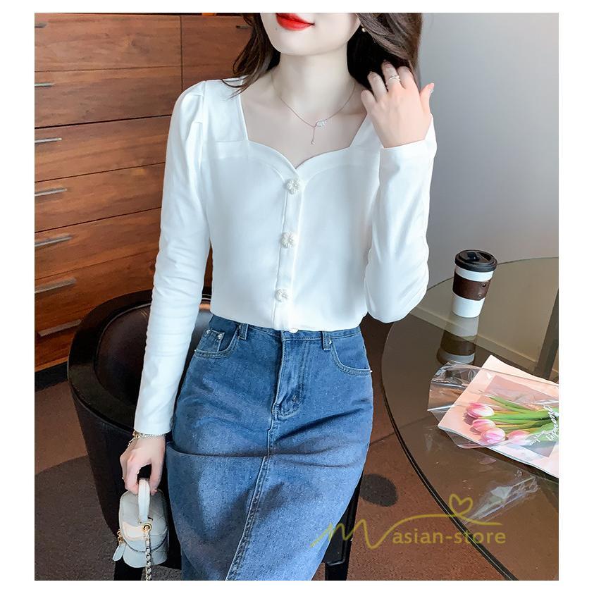 tシャツ・カットソー | ショート丈Tシャツ レディース 長袖Tシャツ カットソー タイト スリム 無地 トップス 綿 秋物 可愛い 小さい 通学通勤 20代30代 インナー 綿Tシャツ