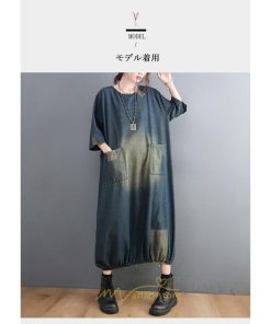デニムワンピース | ロングワンピース レディース 長袖 ゆったり 大きいサイズ 体型カバー かわいい 藍 ロング丈 20代30代40代50代 ポケット