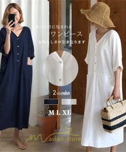 マキシ | ワンピース レディース 夏ワンピース 綿麻 五分袖 体型カバー 着痩せ 韓国風 30代 40代 50代 Vネック 通勤 OL デート キレイめ 新作 2022 お出かけ おしゃれ