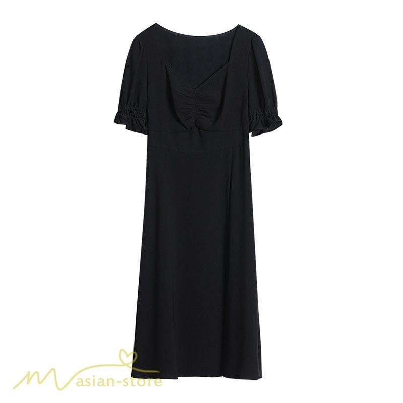 ミディアム | ワンピース レディース 着痩せ 半袖 Vネック カジュアル Aライン おしゃれ ミディアムワンピース エレガント 大きいサイズ 黒 夏 サマーワンピース 夏服 新作