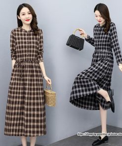 マキシ | チェックワンピース 秋ワンピース ロングワンピース 長袖ワンピース レディース ワンピース 秋物 ミモレ丈 スリム 大人 長袖 チェック柄 リボン付き 30代