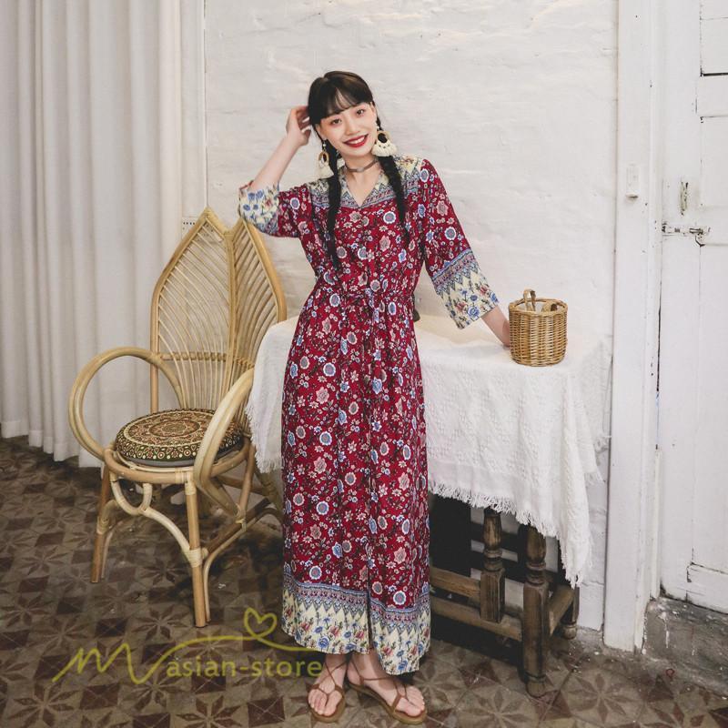 マキシ | ワンピース レディース 総柄 きれいめ ロングワンピース 可愛い カジュアル 春 夏 秋 40代 7分袖 上品 きれいめ 民族風 旅行着 おしゃれ プルオーバー