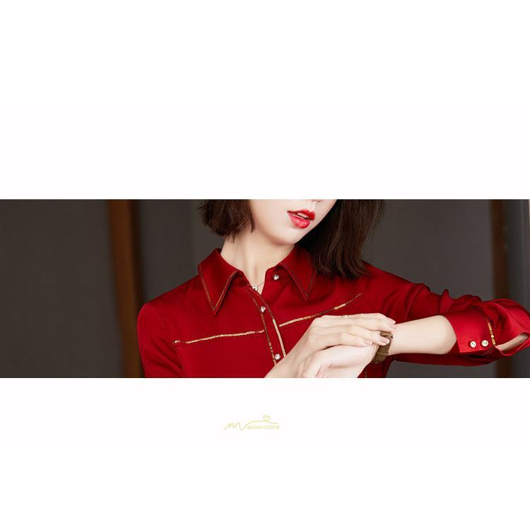 シャツ・ブラウス | ブラウス レディース シャツ トップス 赤 長袖シャツ 無地 オフィス カジュアル おしゃれ シフォン 通勤 通学 ナチュラル 可愛い 上品 オシャレ 秋服 キレイめ
