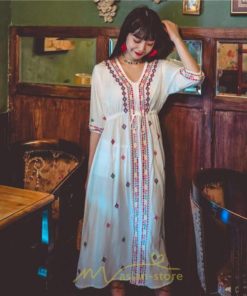 マキシ | ワンピース レディース コットン リゾート かわいい 五分袖 Ｖネック 花柄 上品 ロング丈 ファッション エスニック風 体型カバー お呼ばれ 二次会 民族風 披露宴